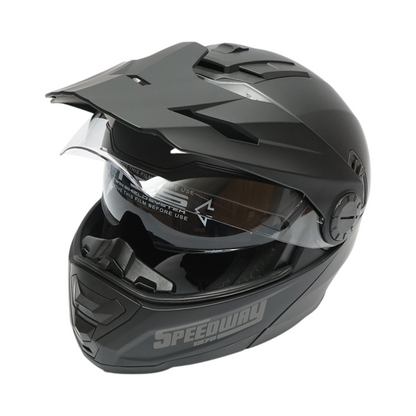 Matte black full-face motocross helmet with a clear visor and sunglasses, size XL Lion