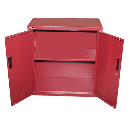 Red metal cabinet with one shelf and 2 secured doors 750x750x350mm