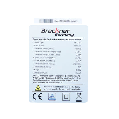 410W solar panel, monocrystalline photovoltaic, 37V, with MC4 cable and connector, dimensions 1722x1134x35mm, Breckner Germany.