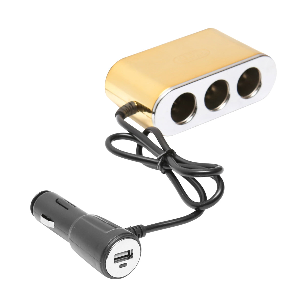 Triple car lighter adapter 12/24V gold with individual switch and 1 USB port 5V 2.1A