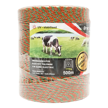 Orange-green wire roll of 3 mm 3x0.2mm SS + 2x0.25mm CU, 500m electric fence Breckner Germany