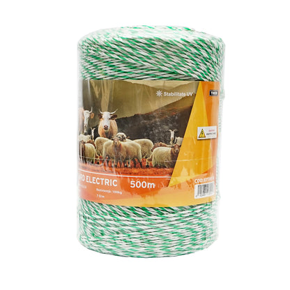 White-green wire roll 2.5mm with metal insert 4x0.2mm SS, resistance 7 Ohm/m, 500m electric fence Thor