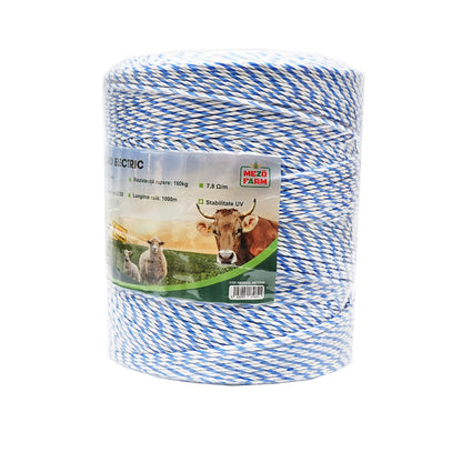 White-blue wire roll 3mm with metal insert 3x0.2mm SS, resistance 7.8 Ohm/m, 1000m electric fence Mezofarm