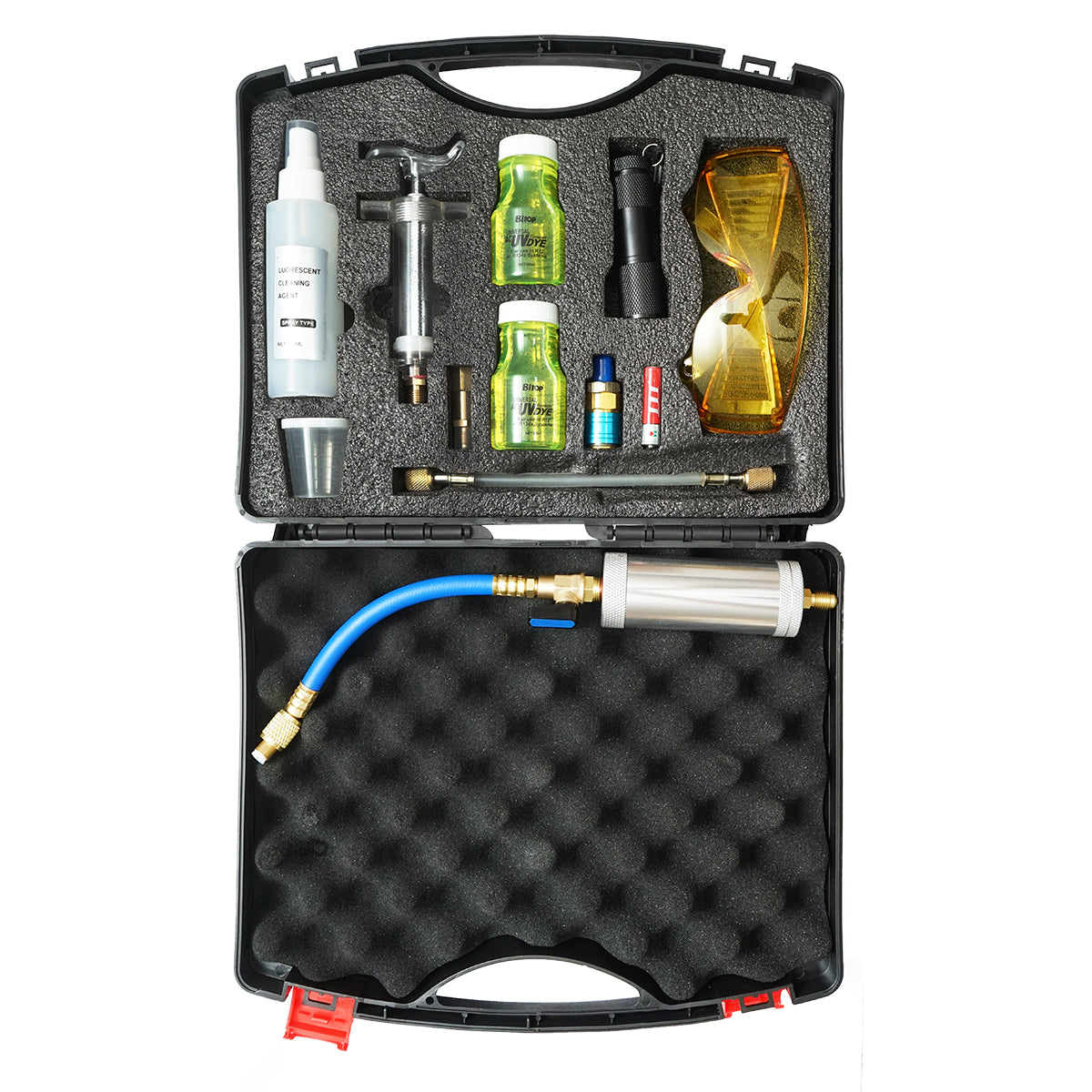 Air conditioning system verification kit with contrast solution and UV lamp