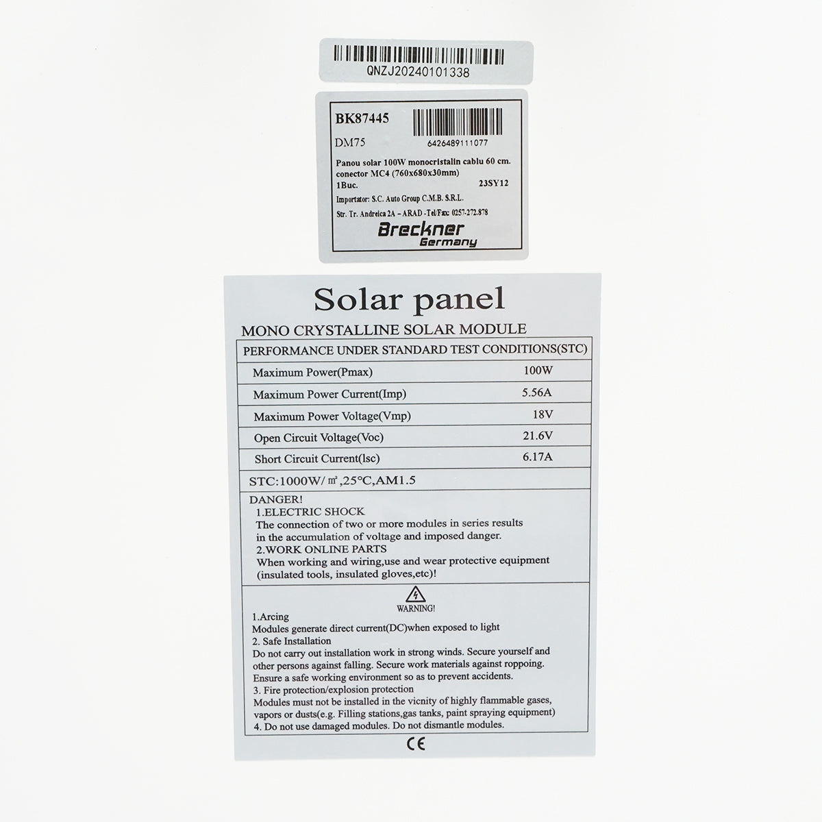 100W photovoltaic monocrystalline solar panel 760x680x30mm Breckner Germany