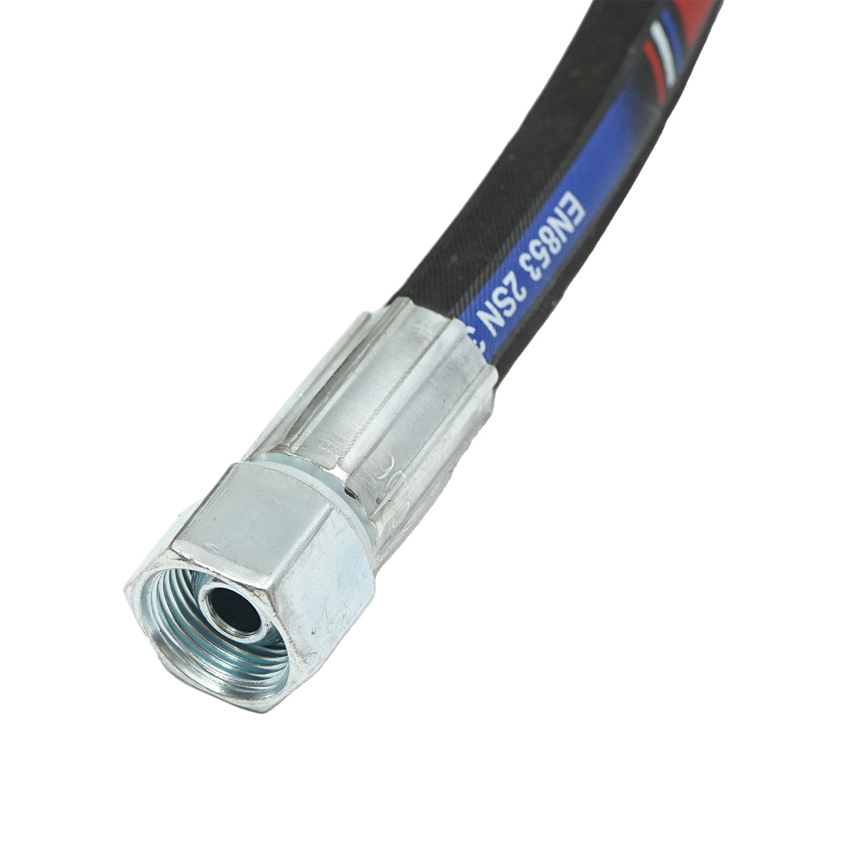Hydraulic pressure hose 800mm 2SN DN10 certified with 90 degree fittings M20x1.5 and straight fitting M20x1.5