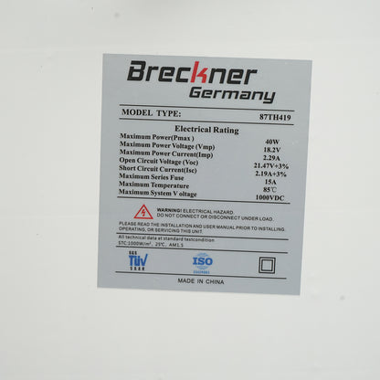 40W monocrystalline photovoltaic solar panel with a 90cm connection cable and maximum voltage of 18V 570x400x25mm Breckner Germany