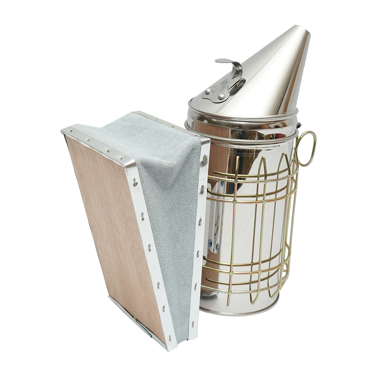 Stainless steel bee smoker with thermal shield cylinder and leather bellows 190mm