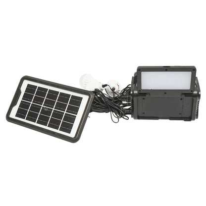Portable LED lighting kit with 4 bulbs/projector, solar panel, FM radio, and 10000 mAh battery for fishing camping GD-8076