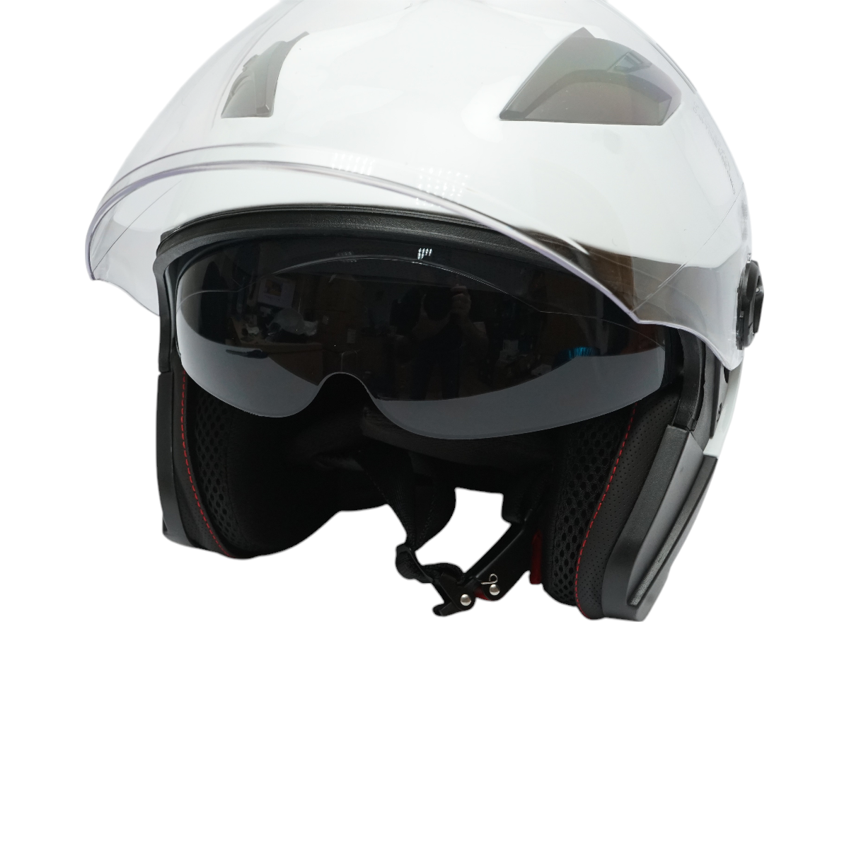 White jet-type motorcycle helmet, urban model with a transparent visor and sunglasses, size XL.