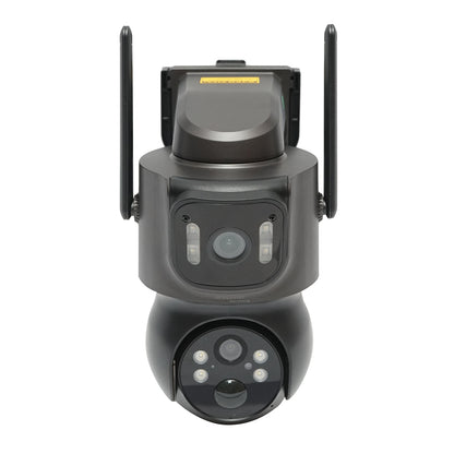 4 MP dual lens surveillance camera with 7.6W solar panel, fast charging 18650 battery, 2.4 GHz WIFI, 360 degree PTZ rotation with motion sensor, human detection PIR, alarm, night vision and iCSee application