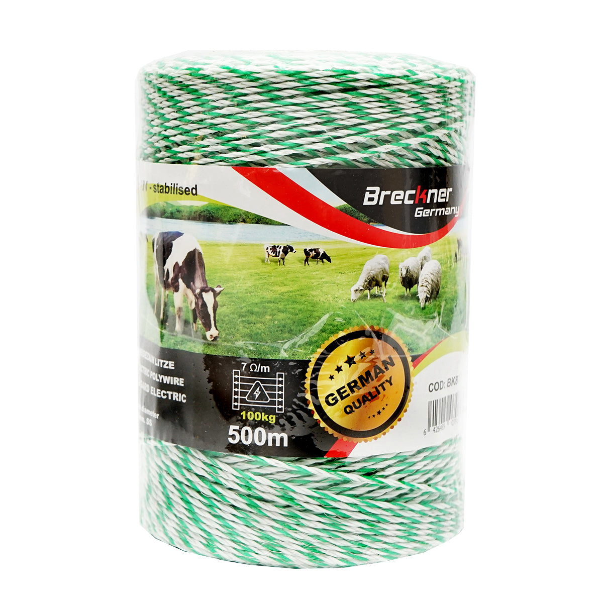 White-green wire roll 2.5mm with metal insert 4x0.2mm SS, resistance 7 Ohm/m, 500m electric fence Breckner Germany