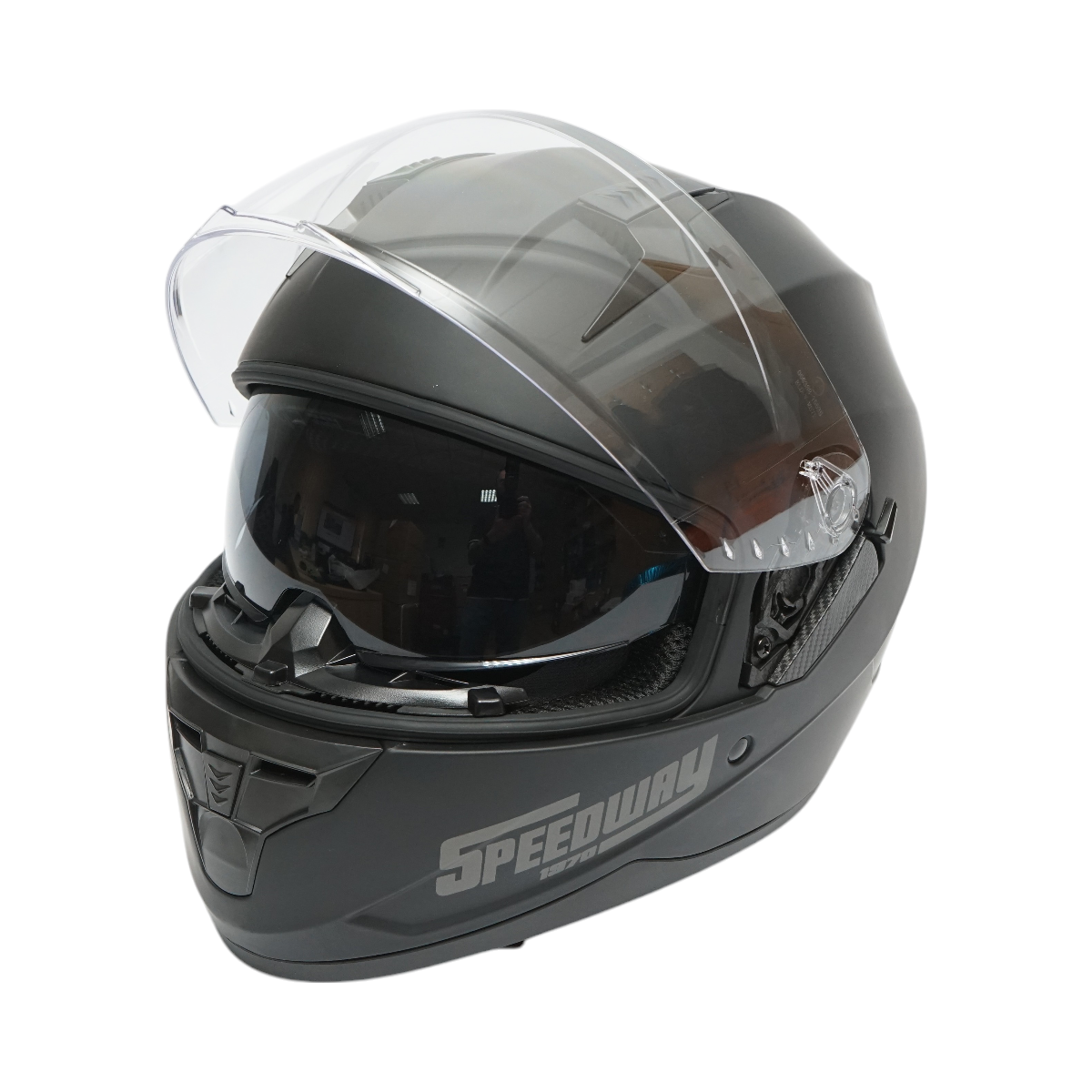 Matte black full face motorcycle helmet with a clear visor and sunglasses, size L Arcane II