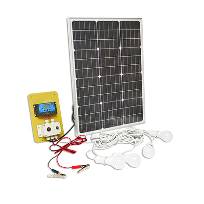 Set of 50W monocrystalline photovoltaic solar panel 670x540x30mm 12-24V battery 12/17Ah 4 bulbs 9W Breckner Germany