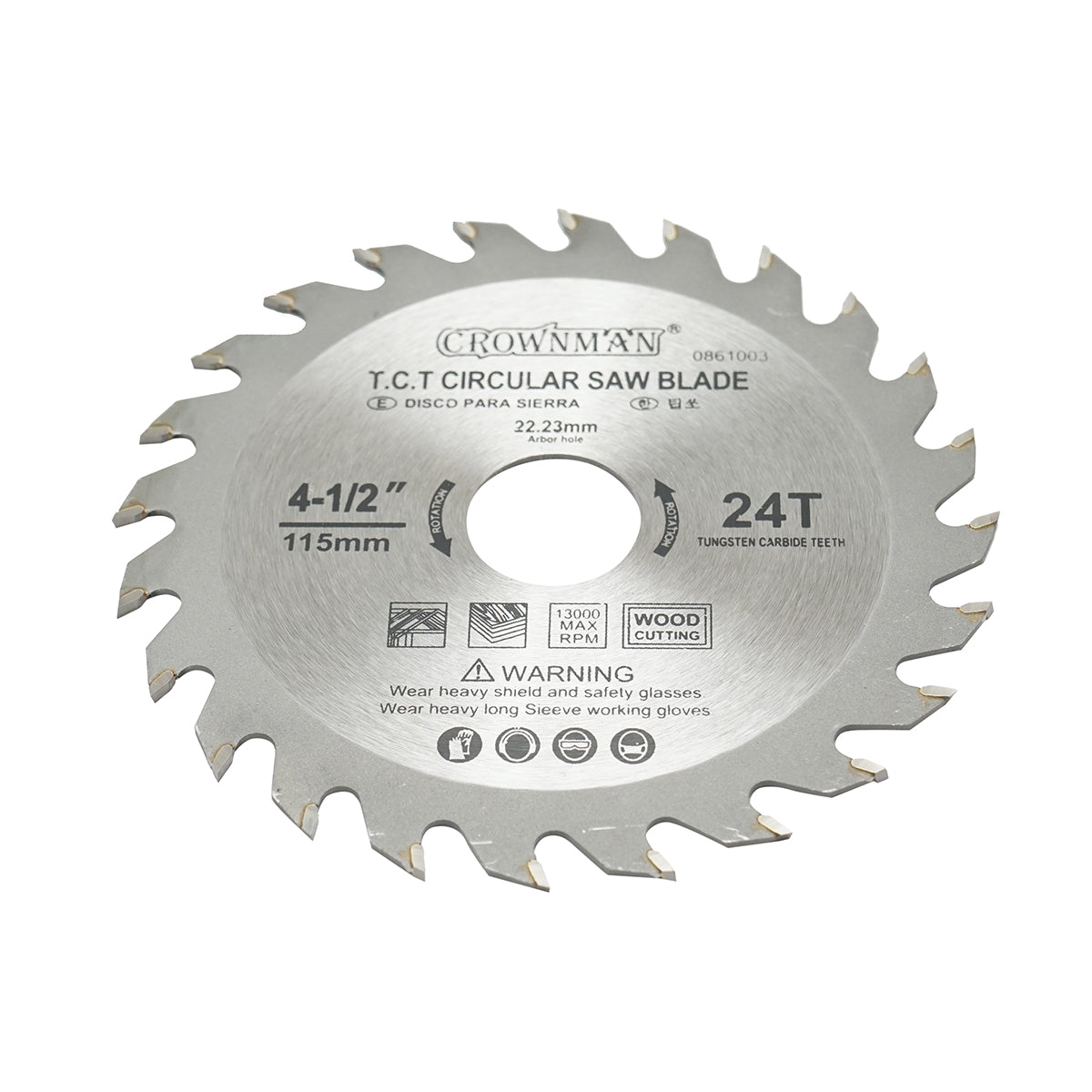 Wood cutting circular saw blade 115x22.23mm, max speed 13000rpm, 24 teeth Crownman