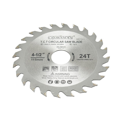 Wood cutting circular saw blade 115x22.23mm, max speed 13000rpm, 24 teeth Crownman