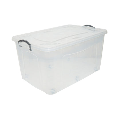 80L storage box with lid and wheels made of transparent plastic 725x470x360mm