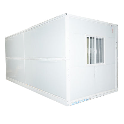 Foldable house type container 5800x2460x2510mm with door, 2 windows, shower cabin, toilet, and 2 bunk beds.