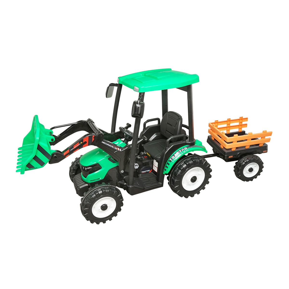 Electric trailer tractor for kids with a 12V/10Ah battery and remote control JS3158B green with a leather seat.