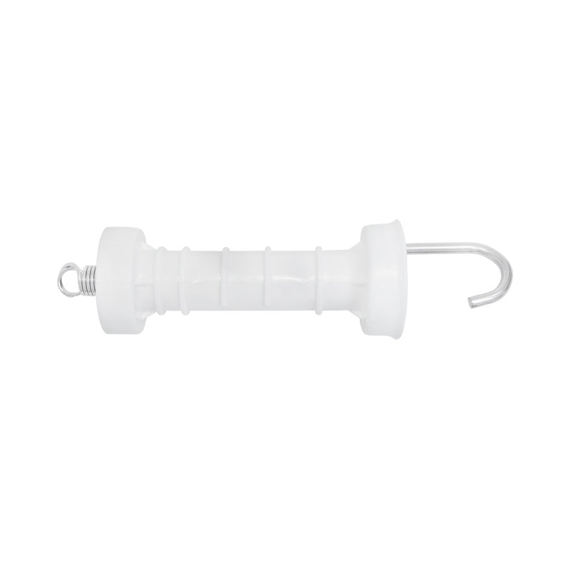 White gate handle with hook and electric fence arc Mezofarm
