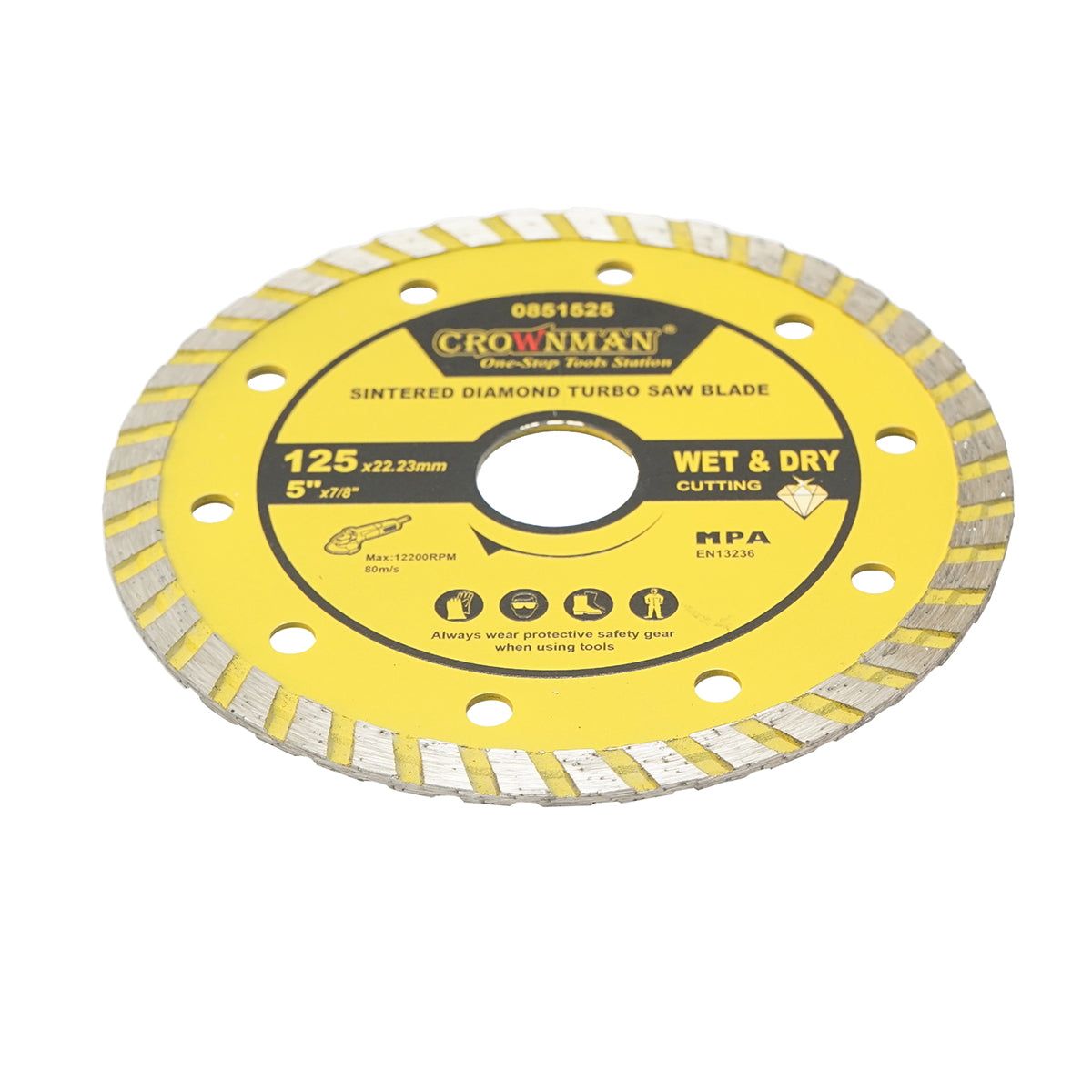 Turbo sintered diamond disc 125x22.23mm, max speed 12200rpm, wet/dry cutting for stone, tiles, ceramics, marble Crownman