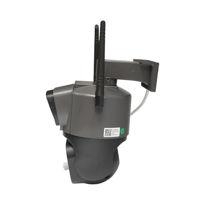 Dual lens surveillance camera 4MP 1080P, P2P WIFI 2.4GHz, PTZ with motion sensor, human detection, and V380 Pro application.