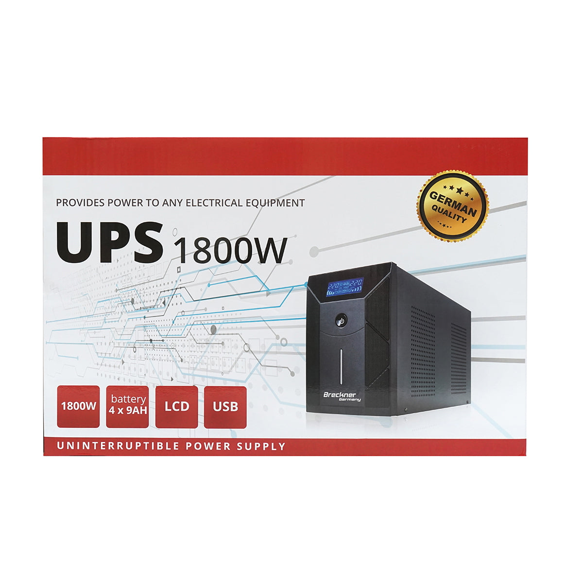 UPS 3000VA/1800W with 4x9Ah batteries and 3 shuko sockets, LCD, USB, AVR Breckner Germany