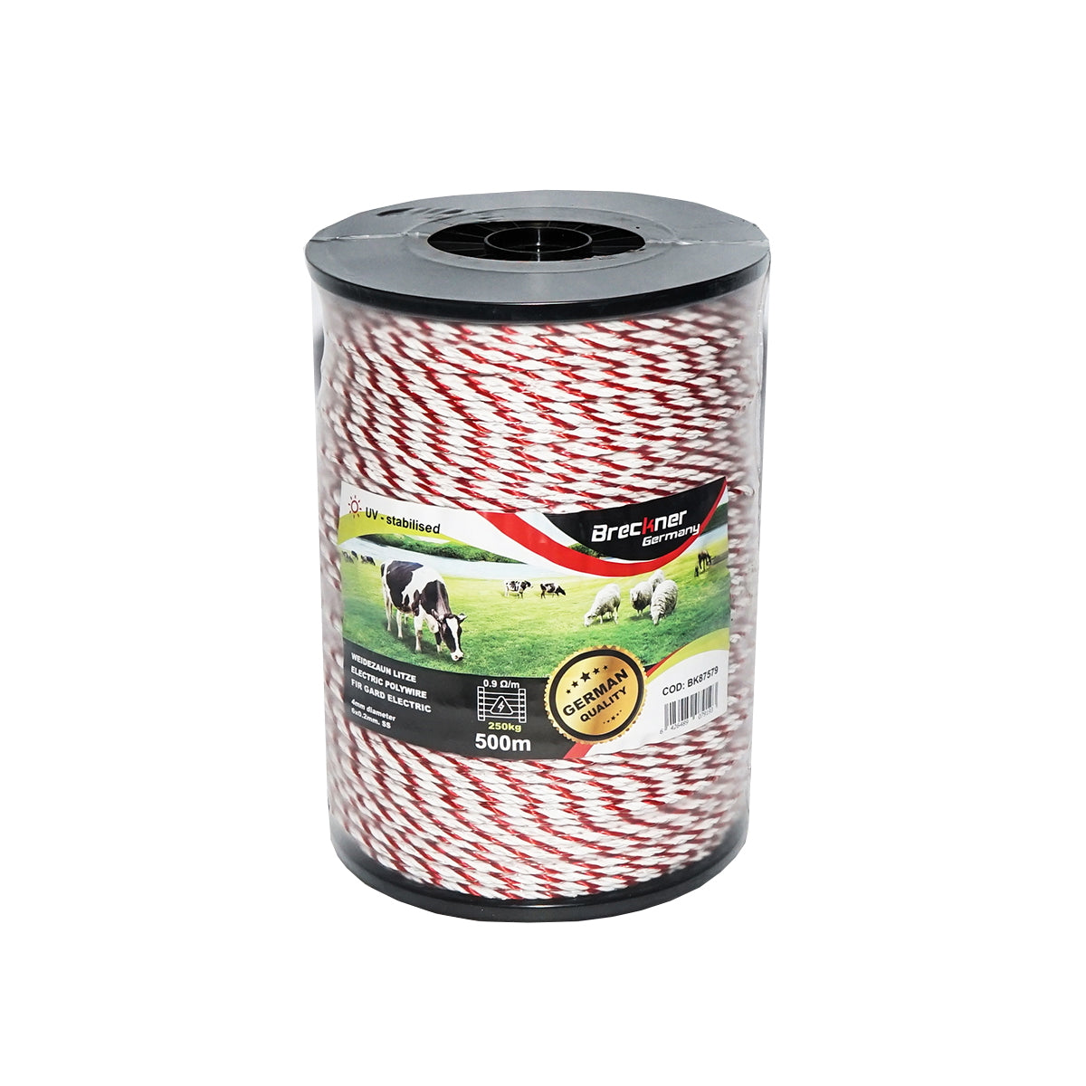 Roll of white-red wire 4mm 6x0.2mm SS, 0.9Ohm/m, 500m electric fence Breckner Germany