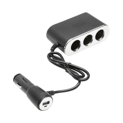 Triple car lighter adapter 12/24V black with individual switch and 1 USB port 5V 2.1A