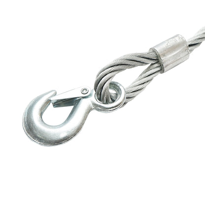 Steel winch cable with a thickness of 12mm and a length of 4m, hook and ring for towing or lifting.