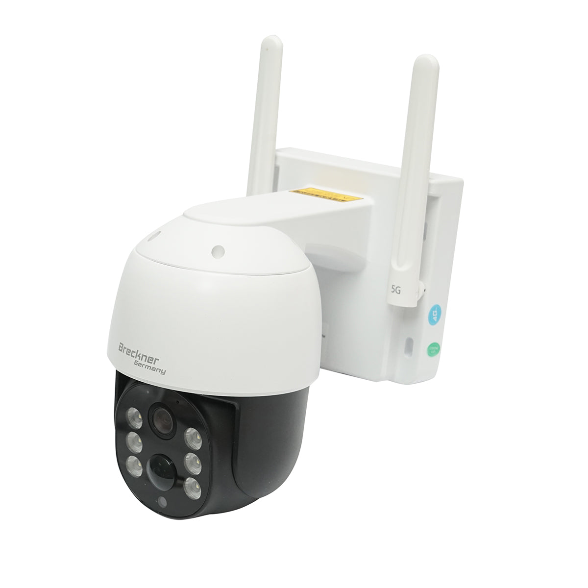 4 MP surveillance camera with 7.6W solar panel, 18650 battery, 4G SIM card, 360-degree rotating PTZ with motion sensor, 64 GB memory card, human detection PIR, and iCSee application.