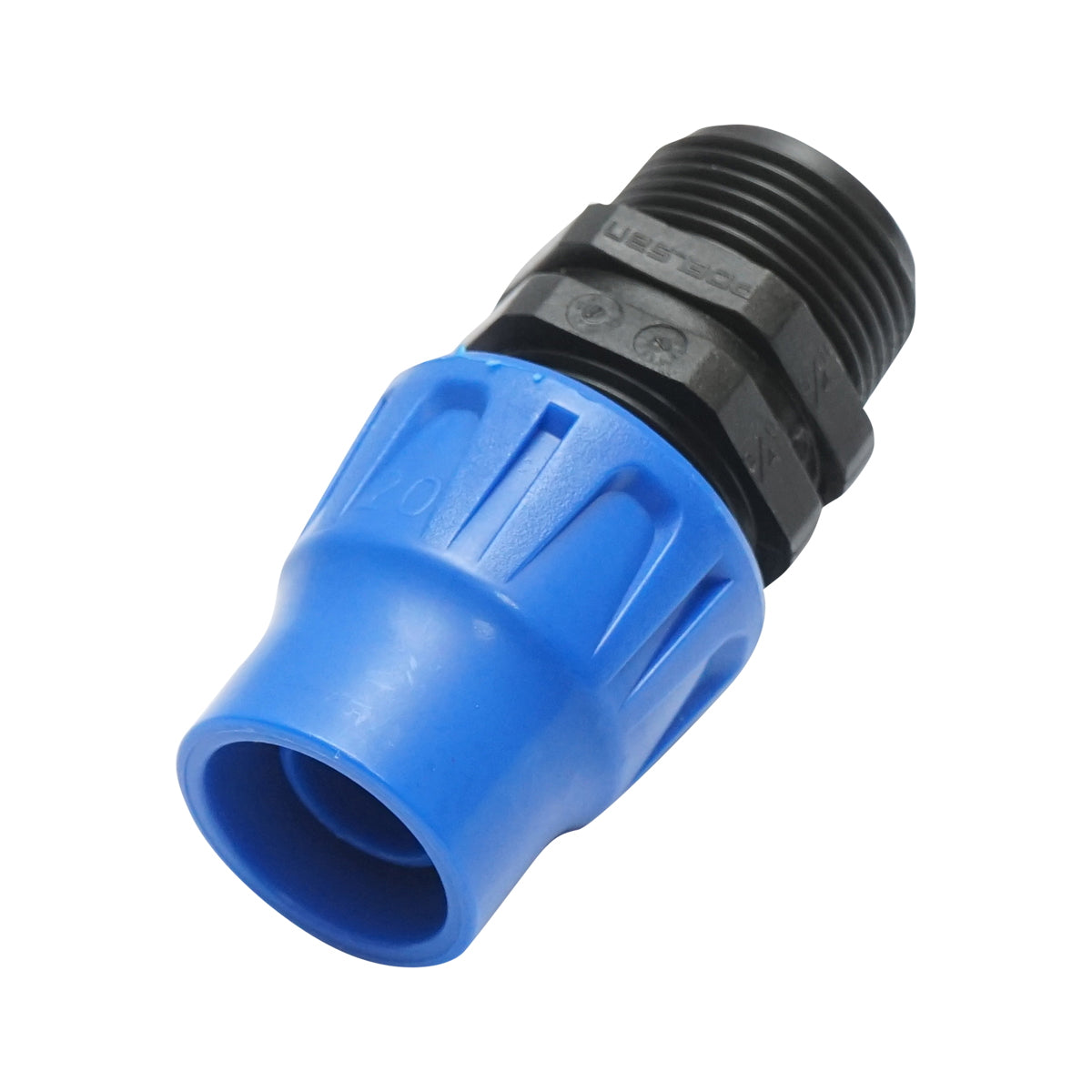 Connection fitting for drip tube with external thread D20mmx3/4 inch, for irrigation systems