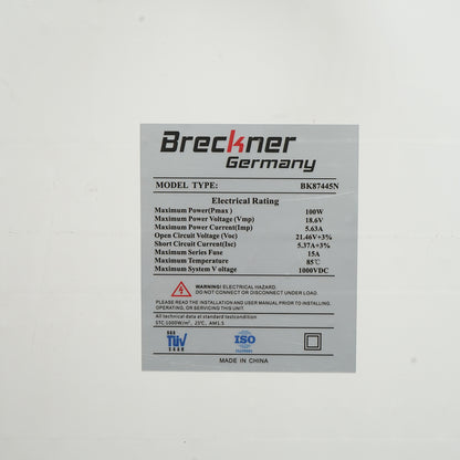100W Monocrystalline Photovoltaic Solar Panel 1030x460x30mm Breckner Germany