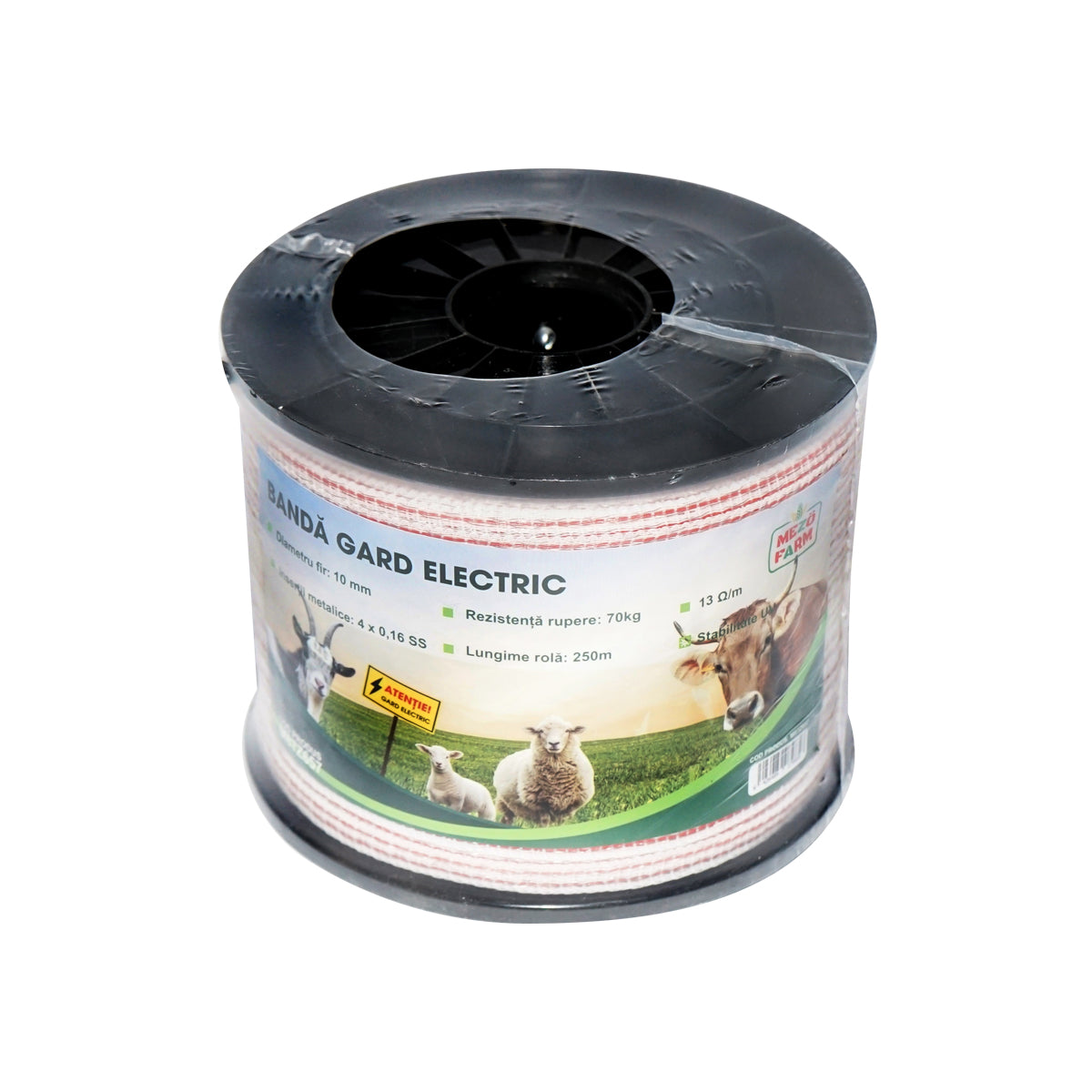 Red-white band roll 10mm with metal insert 4x0.16mm SS, resistance 13 Ohm/m, 250m electric fence Mezofarm