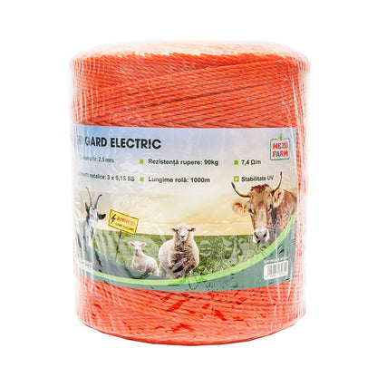 Roll of orange wire with 2.5mm metal insert 3x0.15mm SS, resistance 7.4 Ohm/m, 1000m electric fence Mezofarm