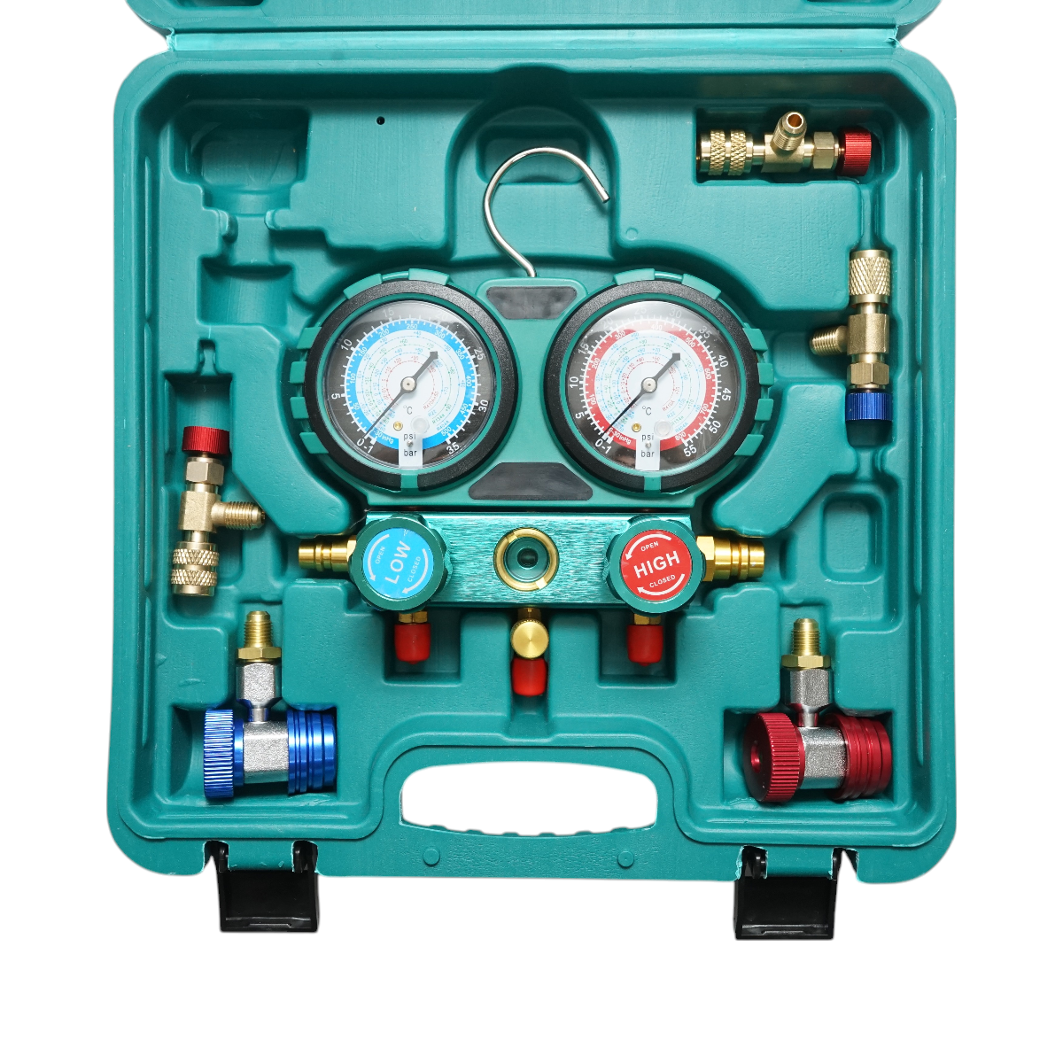 Verification and charging kit for automotive air conditioning systems, freon R22, R32, R134a, R410a