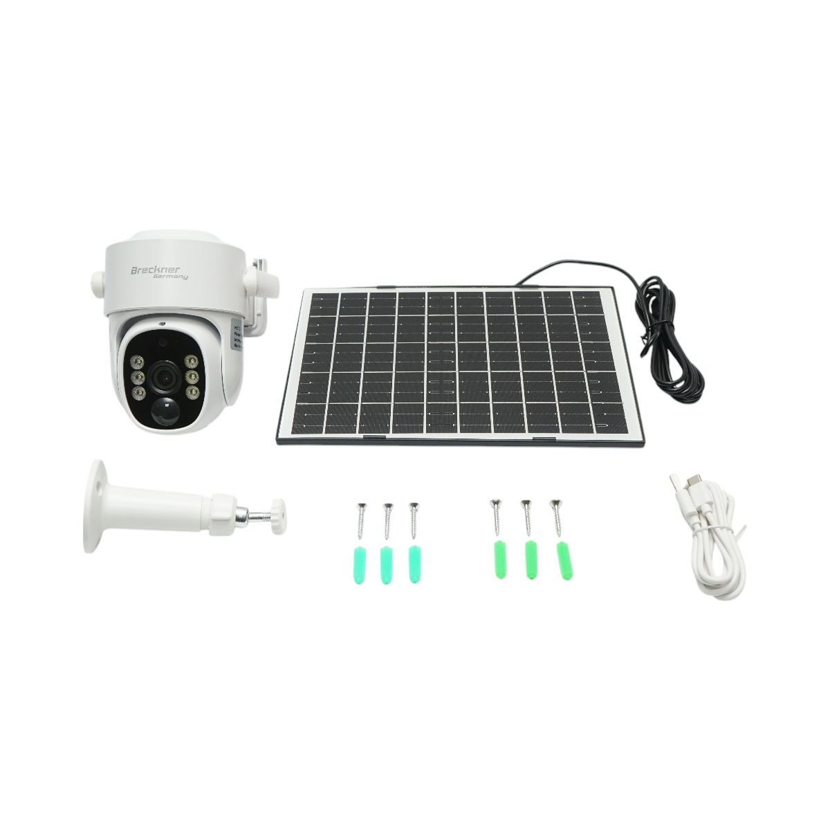 Surveillance camera with dual lens 3MP, 4G, 2.4 GHz WIFI with solar panel, 9000 mAh battery, PTZ control, human PIR detection, night vision, and Ubox application.