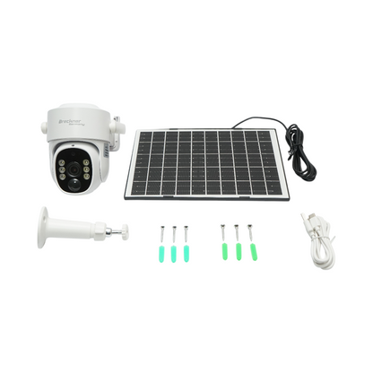 Surveillance camera with dual lens 3MP, 4G, 2.4 GHz WIFI with solar panel, 9000 mAh battery, PTZ control, human PIR detection, night vision, and Ubox application.