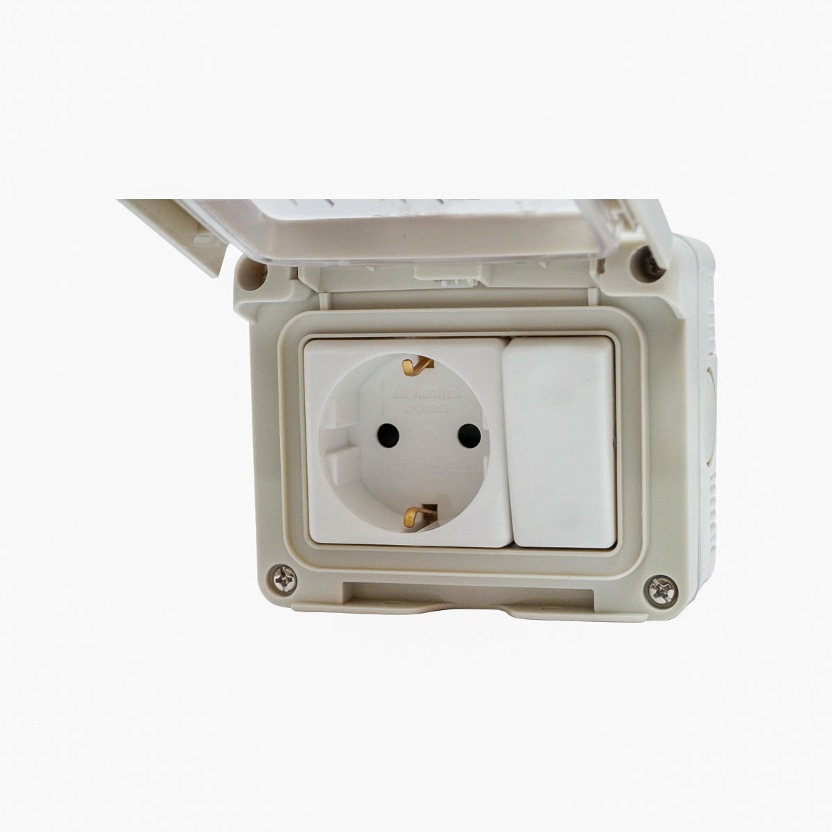 Simple Schuko socket 16A, 250V and switch 10 AX, 250V IP 55 Breckner Germany