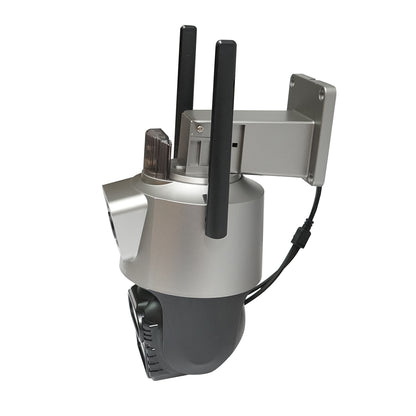 3-lens surveillance camera, 2 9 MP lenses, P2P WIFI 2.4GHz, PTZ with motion sensor, siren, human detection, and iCSee application.