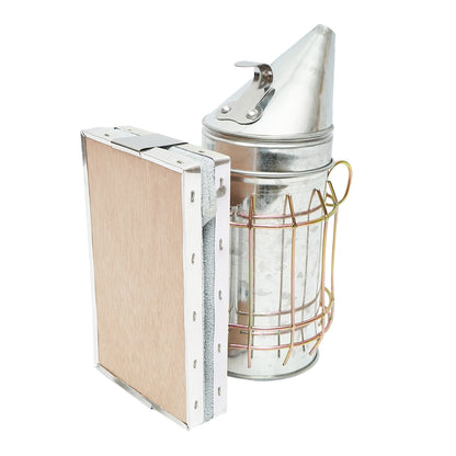 Smoker for bees made of stainless steel with a thermal shield cylinder and leather bellows 160mm