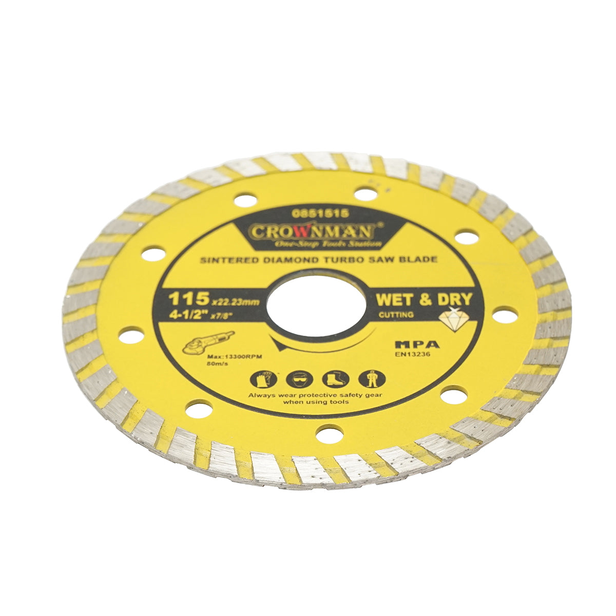 Turbo sintered diamond disc 115x22.23mm, max speed 13300rpm, wet/dry cutting for stone, tiles, ceramics, marble Crownman
