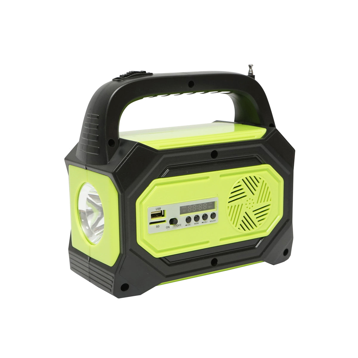 Portable LED lighting kit with 3 bulbs/projector, FM radio, MP3, solar panel and 6V, 4.5 Ah battery for fishing camping GD-8073