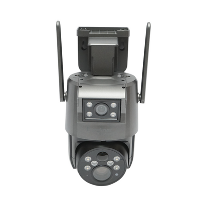 Dual-lens surveillance camera 6 MP, 4G, WIFI 2.4 GHz with solar panel, 10000 mAh battery, 360 degrees PTZ, human PIR detection, night vision and Ubox application.