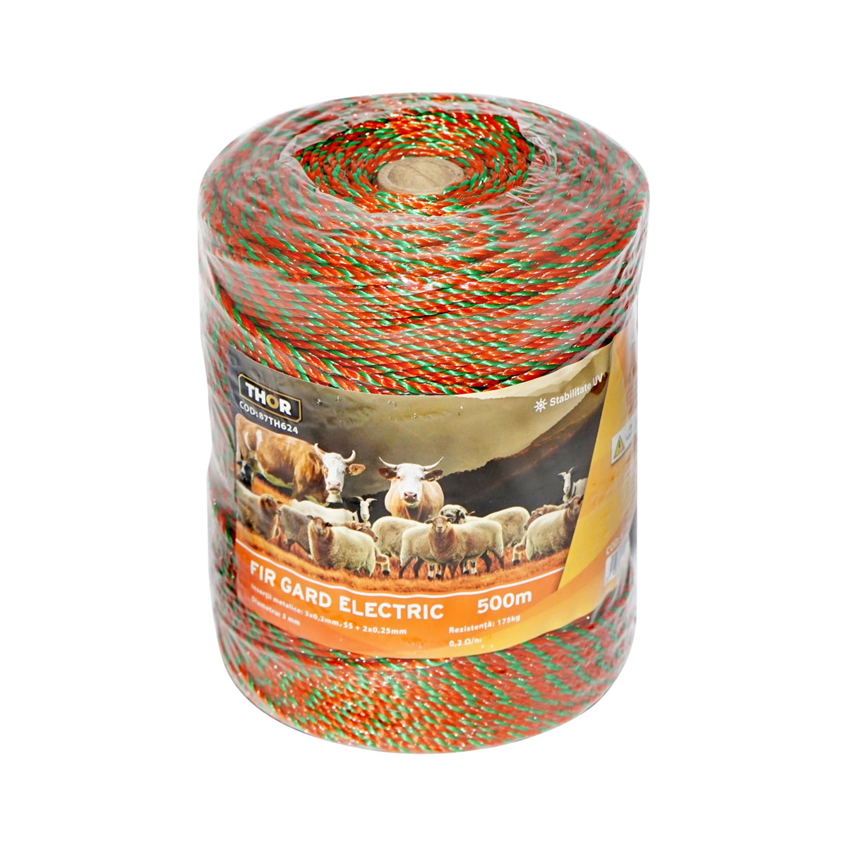 Roll of orange-green wire with a 3mm metallic insert 3x0.2mm SS+2x0.25mm, resistance 0.2 Ohm/m, 500m electric fence Thor