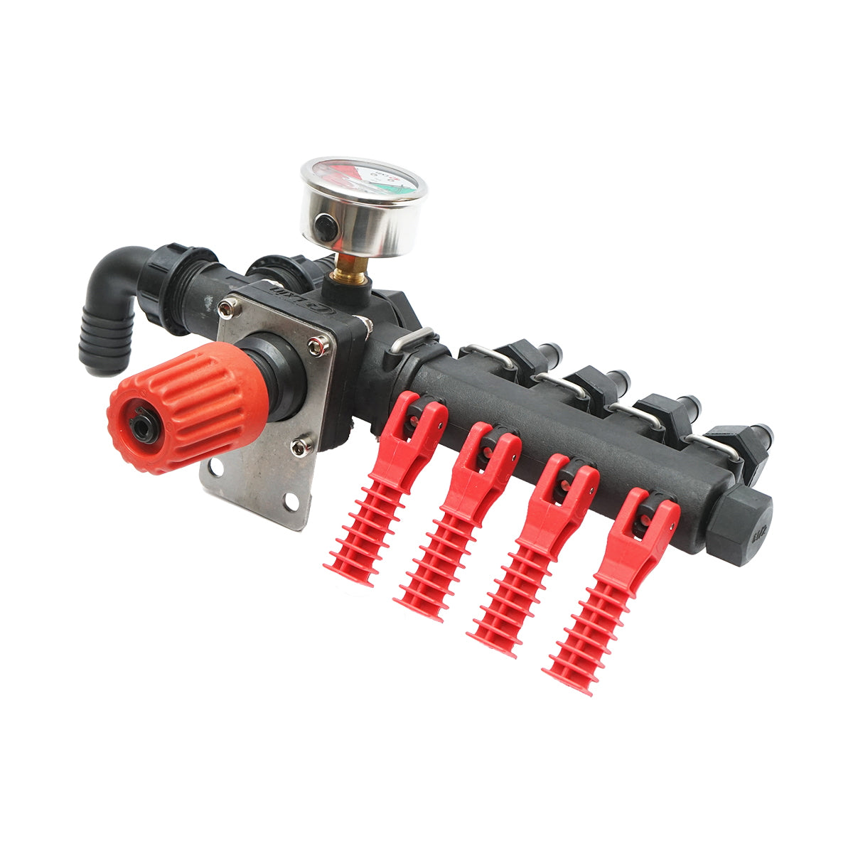 Distributor with 4 outlets and glycerin manometer for herbicide sprayer.