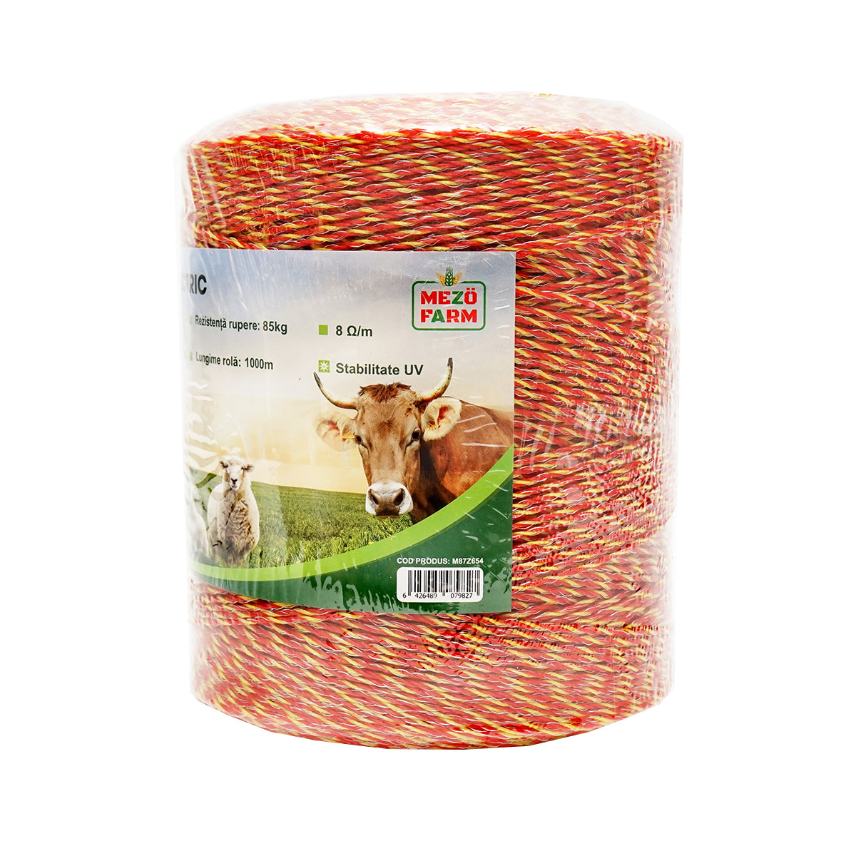 Yellow-red wire roll 2mm with metal insert 6x0.15mm SS, resistance 8 Ohm/m, 1000m electric fence Mezofarm