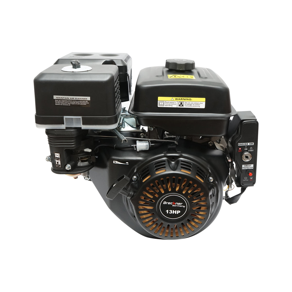 Gas engine 13HP, 4-stroke, 25mm pin shaft, key/rope start, Breckner Germany reducer attachment