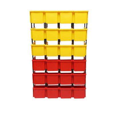 Stand with 24 boxes for storage/organization, red plastic box, yellow, 700x300x1150mm