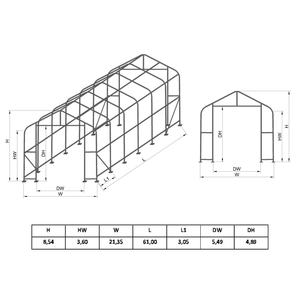 PVC industrial hall, width 21.35m, length 61m, height 8.54m with a metal load-bearing structure.